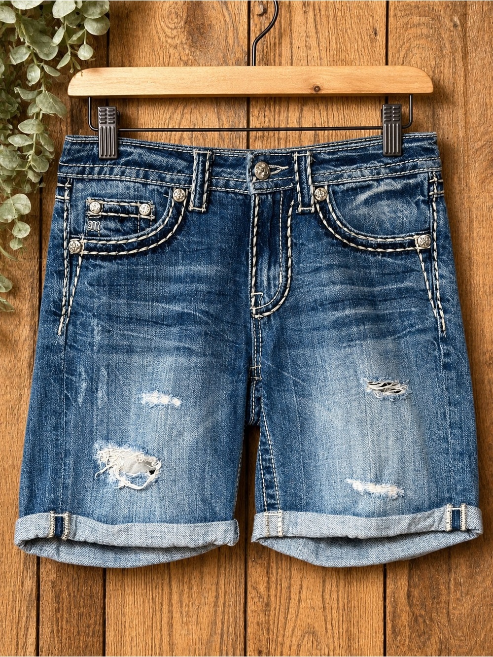 Miss Me Distressed Rolled Hem Denim Shorts - Blue